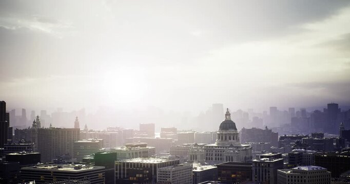 architectural sunrise urban panorama with prominent dome and layered building forms, offering study of line, mass, and light for designers, planners, and realty