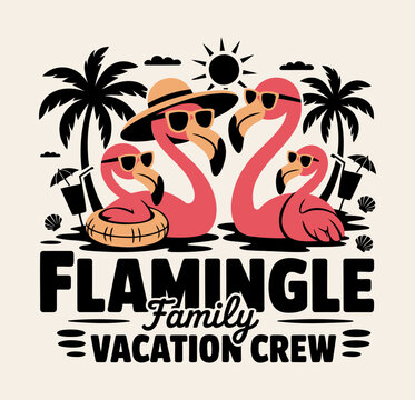 Tropical Summer Vacation Crew Flamingo Family Illustration with Cocktails