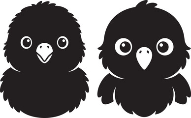 Obraz premium Two cute black silhouette baby birds with big eyes, adorable chick graphic illustration