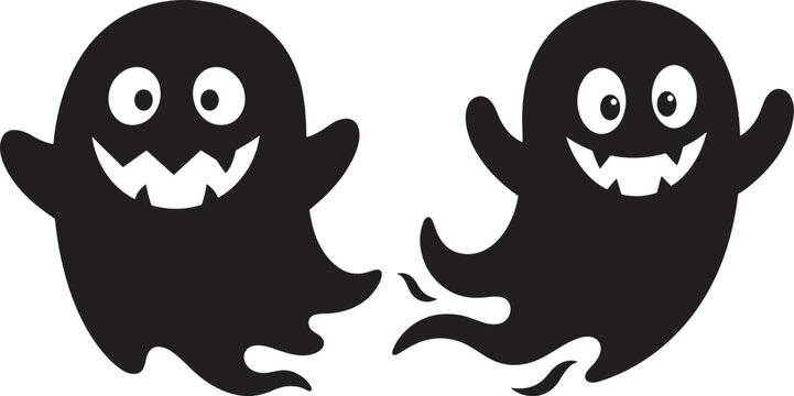 Two friendly black silhouette cartoon ghosts with smiling faces and glowing eyes