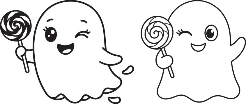 Two cute winking ghosts holding swirl lollipops, friendly halloween cartoon characters