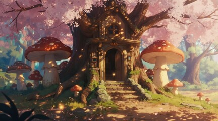 Obraz premium Whimsical treehouse home with large mushroom caps nearby. Enchanted forest path leads to open door. Sunlight filters through pink blossoms, creating magical woodland scene.