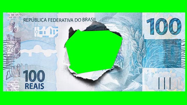Torn Brazilian 100 Reais Banknote with Green Screen Hole effect chroma key for Financial Concept