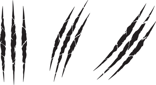 A trio of dynamic black claw marks etched onto a white surface, each set featuring jagged lines and a sense of forceful impact, aggressive also transparent background