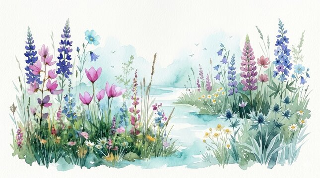  Hand-Painted Botanical Scene with Lupines Daisies and Meadow Blossoms Along a Calm Pond