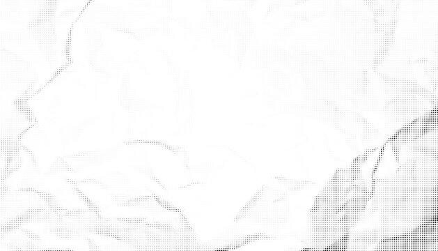 Halftone crumpled paper texture with black a dotted, rough, and wrinkled surface. Wite creased sheet background in comic pop-art style, featuring grainy folds and gritty distressed details.