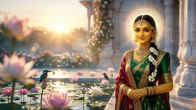 Princess Sita In Royal Garden &ndash; Divine Mithila Portrait