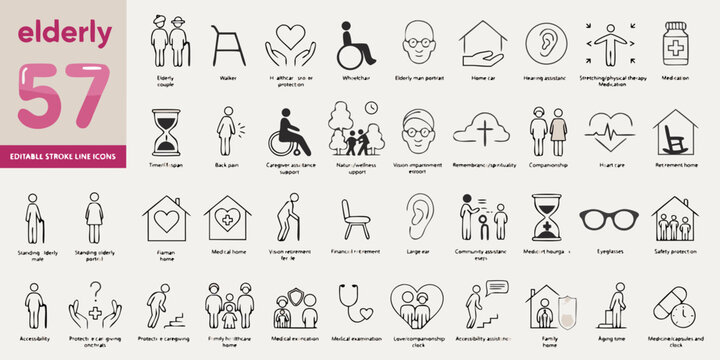 Elderly care icons representing health support and senior living in a simple line art style