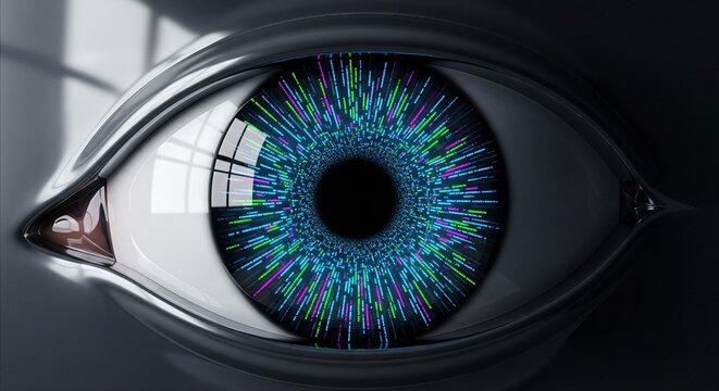 Cybernetic eye with digital code tunnel, symbolizing AI, technology, and advanced cybersecurity innovation in a sleek, futuristic design.