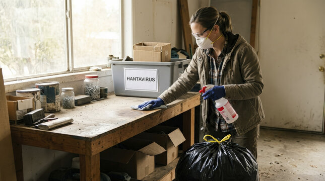 Woman in PPE cleaning dusty garage workbench for hantavirus prevention, emphasizing safety and rodent-borne disease control.