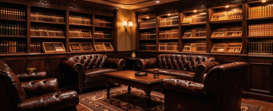 Luxury leather armchairs, sofas in wood paneled room with shelves full of cigars, books. Wooden coffee table sits center, offering refined gentlemen club atmosphere. Sophisticated space evokes