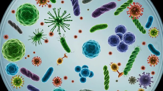 Colorful illustration of various microorganisms, including bacteria and viruses