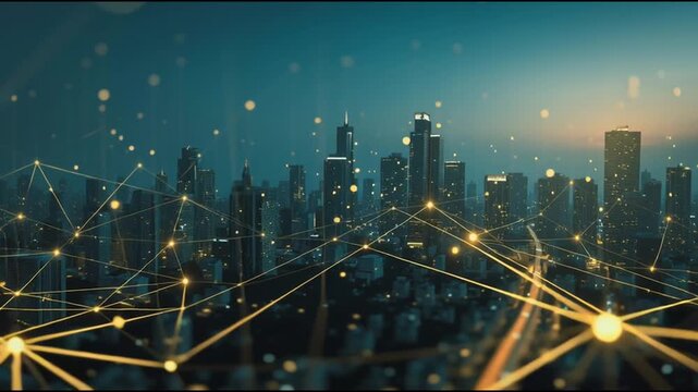 Smart Innovation city with connection cyber security network reciprocity over the night cityscape future wireless digital city and social media networking systems that connects people in the city
