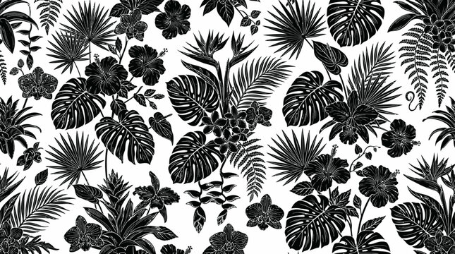Seamless Tropical Leaves and Exotic Flowers Pattern in Black and White Silhouette on Isolated White Background