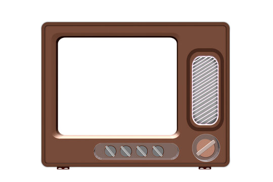 Classic brown retro television set with empty white screen display and vintage analog control dial buttons.
