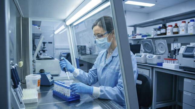 Dedicated virologist conducting hantavirus research in a sterile medical laboratory, meticulously pipetting samples for viral analysis and vaccine development.