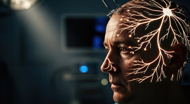 Illuminated Neural Network Projected onto Man's Head During Deep Brain Stimulation Procedure in Medical Lab