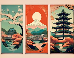 Fototapeta premium retro style triptych poster featuring osaka hakone and kanazawa with castles cherry blossoms and traditional landmarks in muted green blue and coral tones mid century travel poster