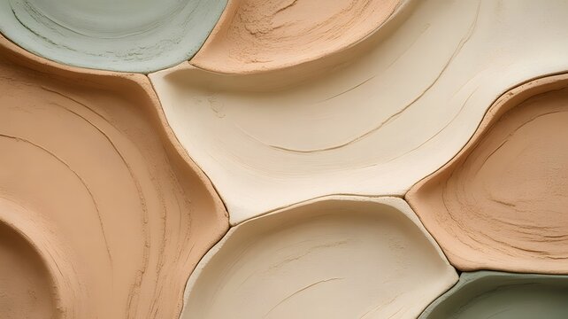 Abstract ceramic shapes in pastel colors close up of a textured wall installation