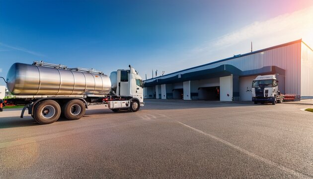 truck with a tanker of flammable liquid fuel arrives at a parking lot in front of a storage facility waiting to be unloaded from a pump