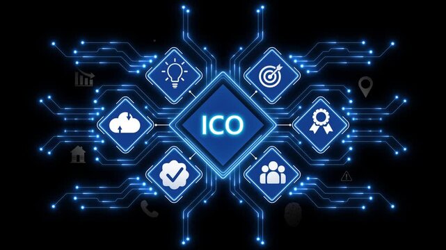 ICO Blockchain Investment Animation with Cryptocurrency Funding Network and Futuristic Digital Finance Technology Interface