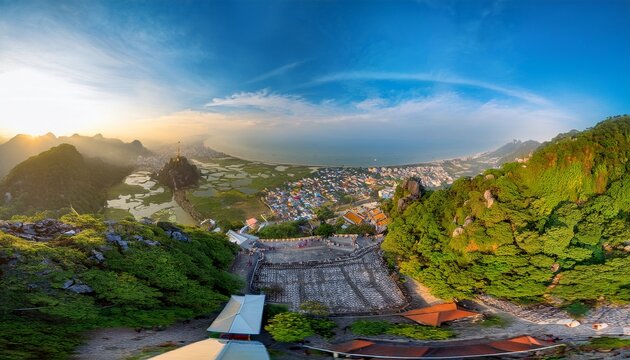 aerial view panoramic overlook lunar castles and french village on the top of ba na hills with beautiful castles streets campuses famous tourist destination of da nang vietnam near golden bridge