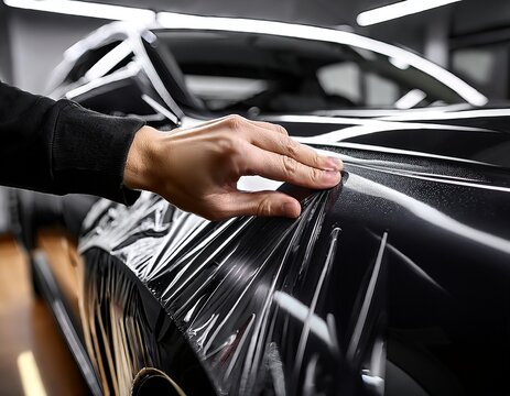 a specialist applies vinyl film on a car during a wrapping process shown in close up