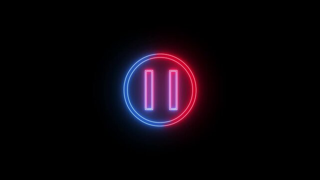 Glowing light neon blue and red color media player pause icon animation sign symbol on black background. animation. seamless loop.4k