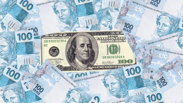 Background texture of Brazilian money bills, 100 reais notes, background for video or scenery.