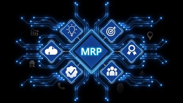MRP Manufacturing Resource Planning Animation with Industrial Workflow Network and Futuristic Production Technology Interface