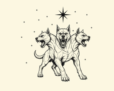 Cerberus dogs of hades handdrawn vector illustration. perfect for tattoo and lino cut or wood print