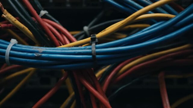 Close-up of colorful electrical cables bundled and secured with ties in a rack