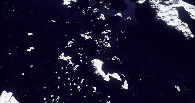Bright icy asteroids glowing against deep indigo void, scattered fragments resemble frozen islands under intense starlight, contrast of cold surfaces