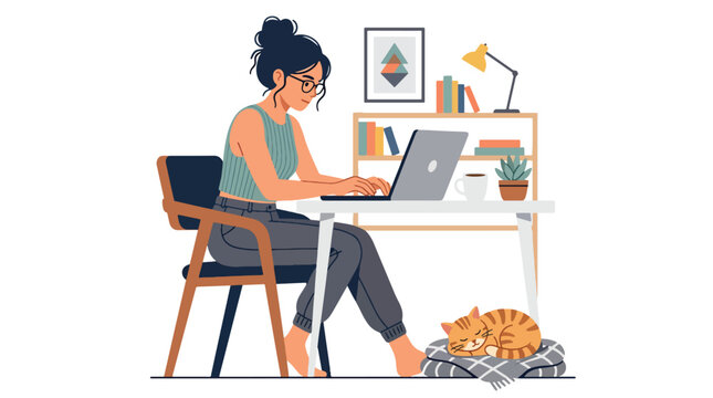 Modern flat vector illustration of remote worker typing on laptop beside sleeping cat showing cozy home office and work from home lifestyle