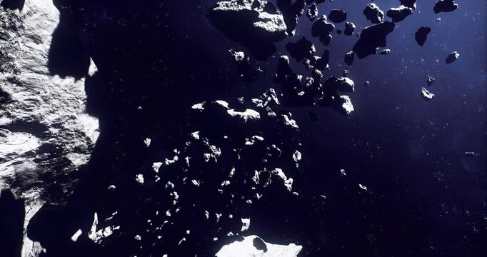 Primordial ring of planetesimals forming near young orbit, dust and rubble coalescing into larger bodies, subtle glow of icy material and rocky pebbles,