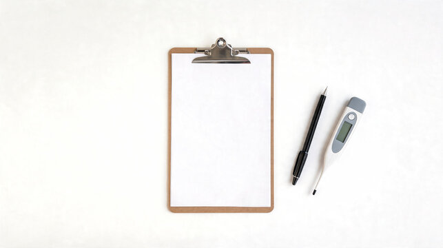 Medical Clipboard with Blank White Paper, Digital Thermometer and Black Pen on White Background, Healthcare, Doctor Office, Clinic, Exam, Checkup, Hospital, Patient Records, Wellness, Health, Mockup.