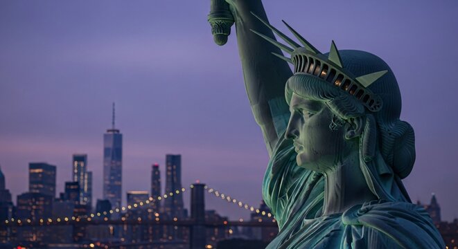 Statue de la Libert&eacute; profil gros plan, skyline de New York au cr&eacute;puscule, symbole de d&eacute;mocratie et libert&eacute;, hommage comm&eacute;moratif, Journ&eacute;e du Souvenir, patriotisme am&eacute;ricain.