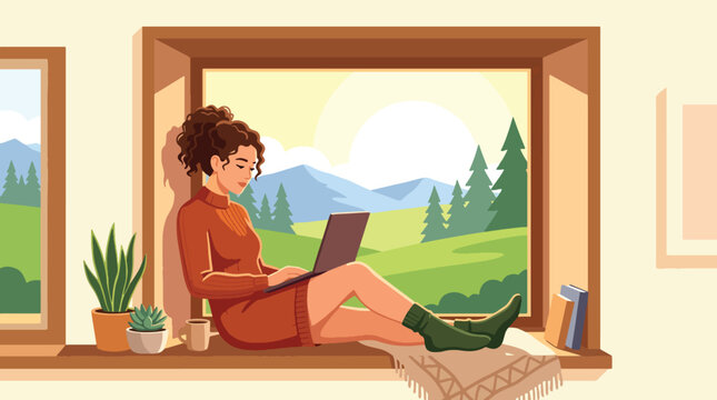 Modern flat vector illustration of remote employee working peacefully near large window with sunlight showing calm productivity and home office lifestyle