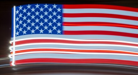 Fototapeta premium Drapeau américain avec effet de traînée lumineuse dynamique pour la Journée du Souvenir, patriotisme abstrait, célébration commémorative, flou de mouvement artistique rouge blanc