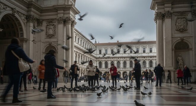Foule nourrissant des pigeons sur une place historique, atmosph&egrave;re de paix et de r&eacute;flexion, architecture classique sous un ciel gris, symbole de souvenir et de libert&eacute; urbaine.