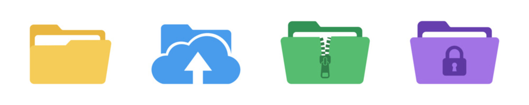 Folder Icons Set with Cloud Upload Zipper and Lock Secure Storage Vector Illustration.