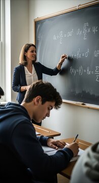 Teacher explaining complex math formulas on a chalkboard to a focused student in a bright classroom