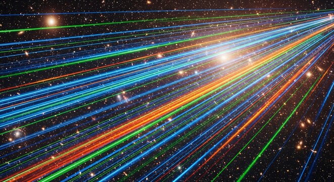 Faisceaux lumineux multicolores traversant l'espace, hommage &eacute;ternel au souvenir, &eacute;nergie cosmique, vitesse de la lumi&egrave;re, n&eacute;on futuriste, galaxie scintillante
