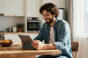 Fototapeta premium Man with beard smiles using tablet computer at kitchen table. Works remotely from home, enjoys casual day with wireless tech. Focused on screen, learning browsing. Relaxed lifestyle at domestic space.