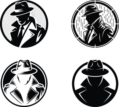 Black and white detective icons, silhouette spy logos, vintage espionage graphics, 4 retro crime illustrations