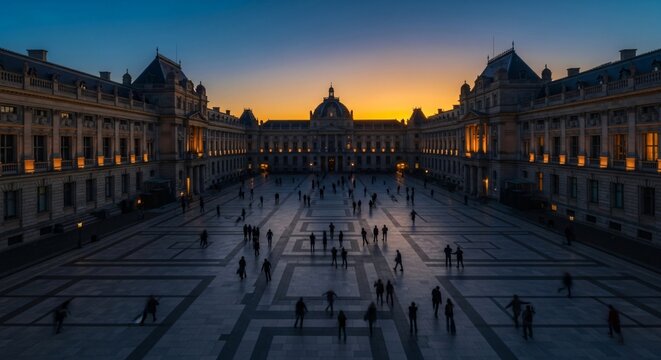 Cour historique au cr&eacute;puscule avec silhouettes de passants, atmosph&egrave;re solennelle de comm&eacute;moration et de souvenir, architecture classique sous un ciel de coucher de soleil dor&eacute;.