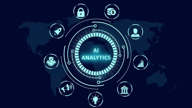 Modern AI analytics HUD interface animation with a glowing circular network diagram and data icons over a world map for global business intelligence insights.
