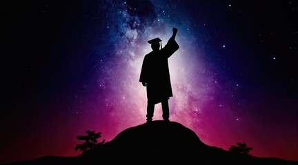 Fototapeta premium Graduation silhouette on hill against colorful nebula sky. Figure raises fist in achievement. Person celebrates success at night under stars, reaching for future goals.