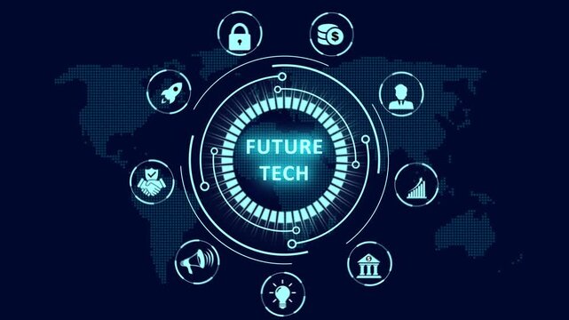 Advanced future tech HUD interface animation with a glowing circular diagram and innovation icons over a world map for global technology development concepts.