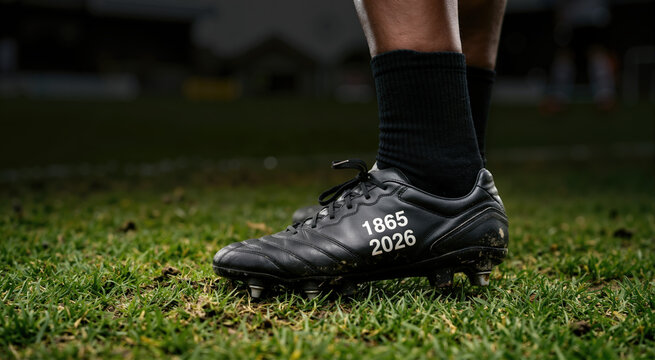 Close up of black soccer cleat with 1865 and 2026 printed dates. Athlete wearing professional sports equipment on green grass pitch. Macro detail of football boot